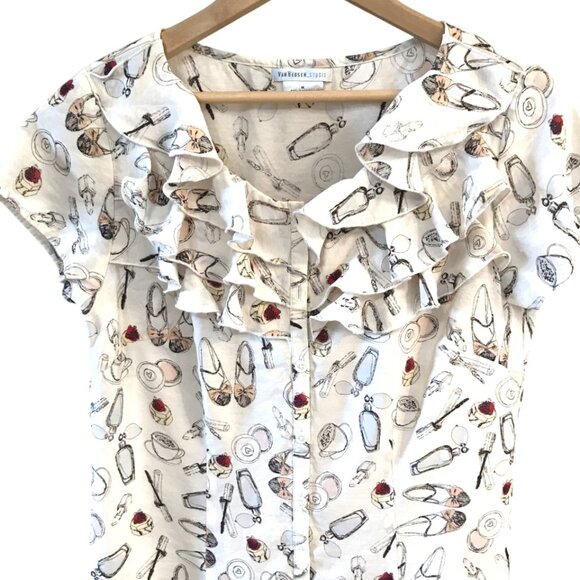 Van Heusen Studio Ruffled Blouse: Vintage Top Women’s Shoe & Coffee Print Size M - Picture 10 of 13